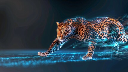 The side profile of a leopard running pose made of circuitry, against a dark background with binary code, representing speed, pace , AI and machine learning