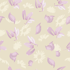 Hand-drawn seamless pattern with floral print. Abstract pink and beige meadow flowers. Vector pattern with watercolor effect for printing on fabric, gift wrapping, wallpapers.