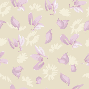 Hand-drawn seamless pattern with floral print. Abstract pink and beige meadow flowers. Vector pattern with watercolor effect for printing on fabric, gift wrapping, wallpapers.