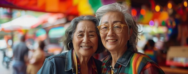 Fototapeta premium Two happy elderly Asian women at a street market.