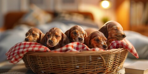 Adorable dachshund puppies sleeping together in a cozy wicker basket with a red gingham blanket, creating a heartwarming, cute scene.
