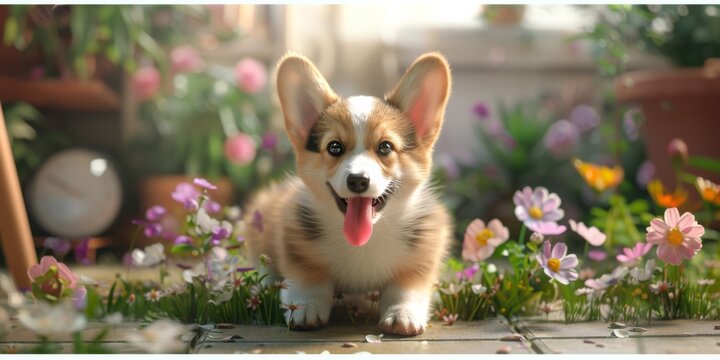 Adorable Corgi puppy sitting in a beautiful garden, surrounded by colorful flowers, with a happy expression and ears perked up.