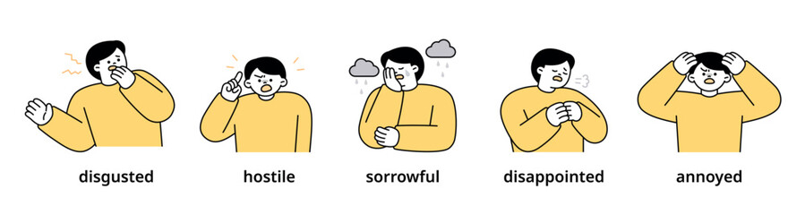 Boy upper body character expressing 5 different emotions - Set 10. Simple outline vector illustration.