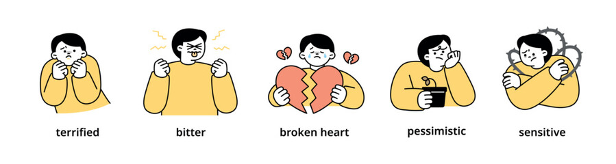 Boy upper body character expressing 5 different emotions - Set 12. Simple outline vector illustration.