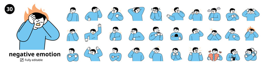 A set of 30 male characters expressing negative emotions. Simple illustration with outlines.