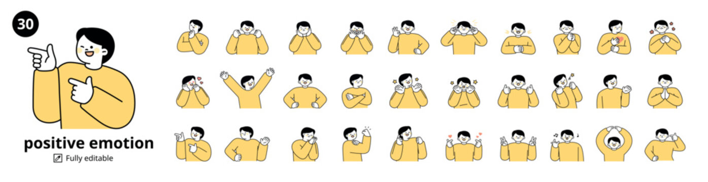 A set of 30 male characters expressing positive emotions. Simple illustration with outlines.