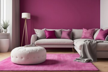 stylish living room, white pouf, lamp, consola and personal accessories, Magenta wall