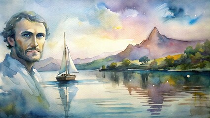 A picturesque watercolor painting of a sailboat sailing on a tranquil lake, with a portrait of a sailor in the foreground