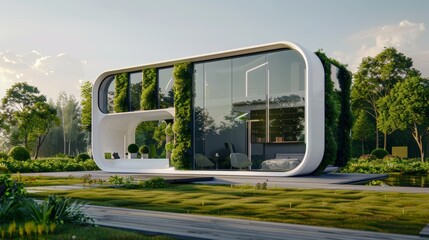 Futuristic modular house powered by green hydrogen, close-up shot capturing advanced energy technology and modern living concepts