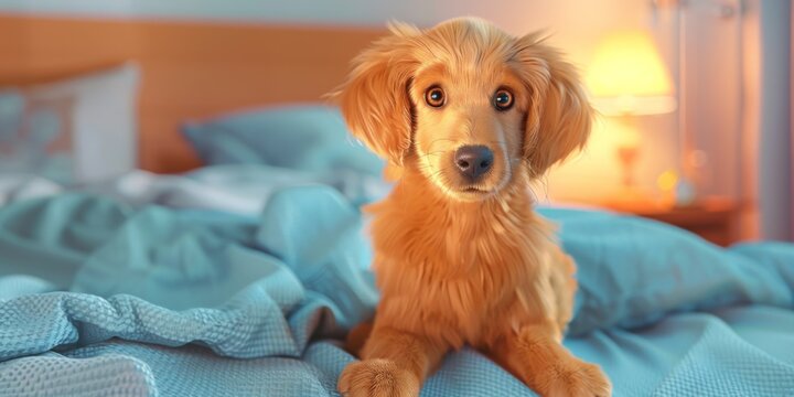 Adorable golden retriever puppy on a bed with blue sheets, illuminated by a warm bedside lamp in a cozy bedroom setting.