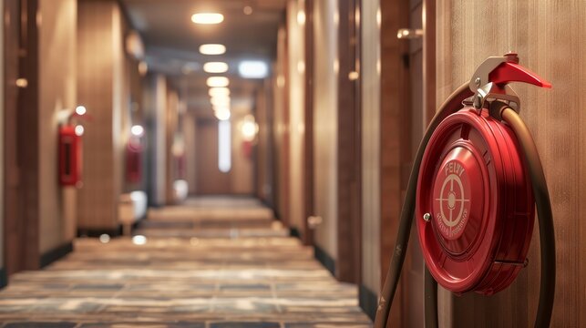 Detailed view of fire extinguisher and hose reel by an exit door, hotel corridor, close-up, isolated background with studio lighting highlighting safety features