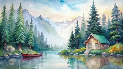 An enchanting watercolor illustration of a cozy lakeside cabin nestled among towering pine trees, with a canoe resting peacefully on the tranquil water's edge