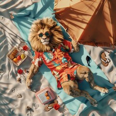 Whimsical image of a lion dressed in summer vacation attire, relaxing under an umbrella symbolizing enjoyment and travel