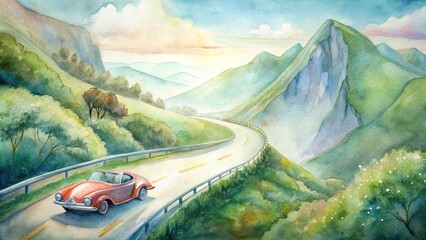 A captivating watercolor painting portraying a woman driving a convertible car through a winding mountain road, with lush greenery on either side