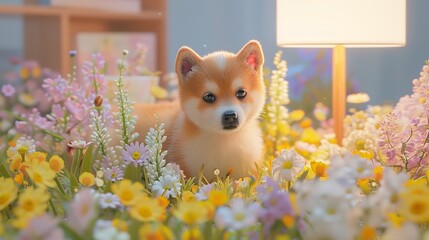 Adorable puppy sitting among a bed of colorful flowers, basking in the gentle light of a nearby lamp, creating a cozy, charming scene.