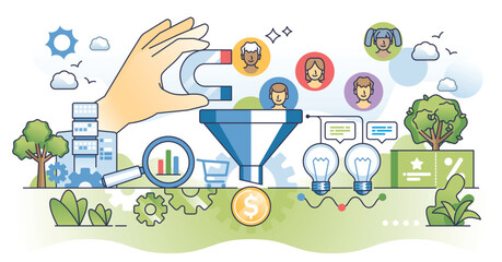 Conversion rate optimization or CRO for website sales boost outline concept. Increase earnings with customer or visitor engagement and flow analytics vector illustration. Marketing leads analytics.