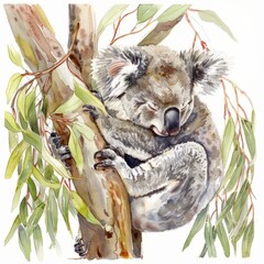 Watercolor painting of a sleepy koala snuggled up in the crook of a eucalyptus tree, its furry ears twitching slightly in its dreams, Generative AI