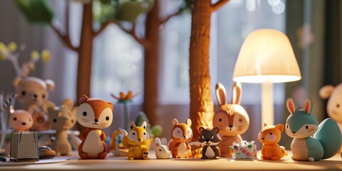 Charming forest animal figurines arranged on a table, illuminated by a warm table lamp, surrounded by a cozy, woodland-themed decor.