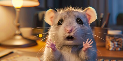 Close-up of a cute, surprised mouse standing on a desk with a background lamp. Perfect for humor, animal, and office-related themes.