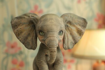 Close-up of a cute baby elephant with big ears and expressive eyes, standing indoors with a floral wallpaper background and a lamp.