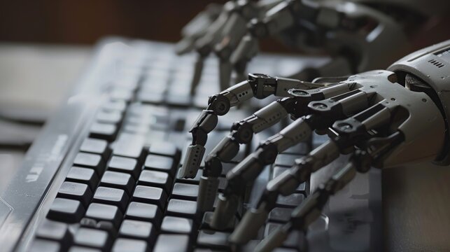 A hand robot is typing on a keyboard . Concept of creativity and productivity, as the hand is actively engaged in typing. engaged in work or communication