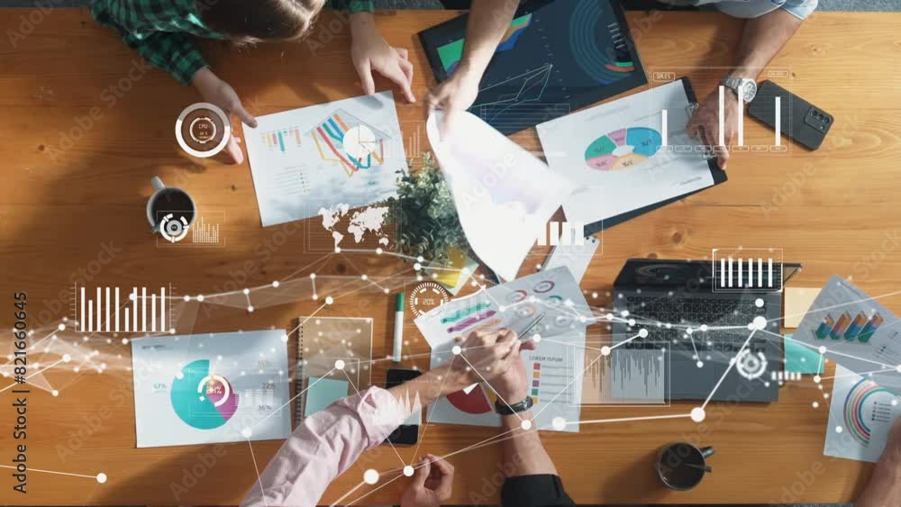 Poster top view of business people working and analyzing investment data with financial chart and stock mar