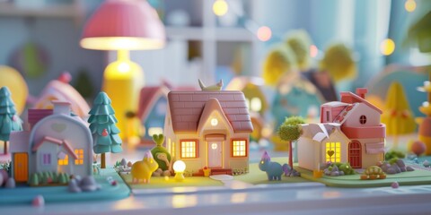 Colorful miniature houses illuminated in a cozy setting, evoking warmth and creativity. A perfect depiction of a charming small town.