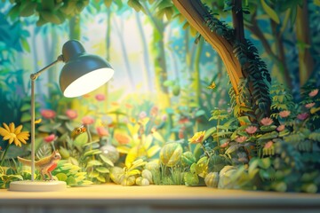 Close-up view of a desk lamp illuminating a vibrant, lush indoor garden with various plants and flowers, creating a serene atmosphere.