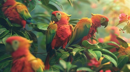 Colorful parrots perched amidst lush green leaves and vibrant flowers in a tropical setting, basking in the warm sunlight.