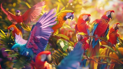 Colorful parrots perched on vibrant tropical foliage in a sunlit jungle, displaying a variety of brilliant feathers in the natural habitat.