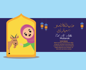 eid al adha background with illustration of cute little girl muslim and sacrificial goat