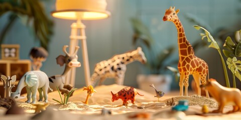 Colorful safari animal toys on a table, under warm lighting, creating a playful and educational setup for children in a cozy room.