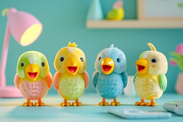 Colorful toy birds on a desk with pastel background. Perfect for playful decor or children's accessories imagery.