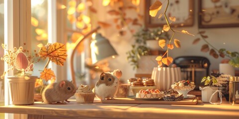 Cozy autumn scene with cute hamsters on a wooden table in a warm, sunlit room filled with plants and leaves.