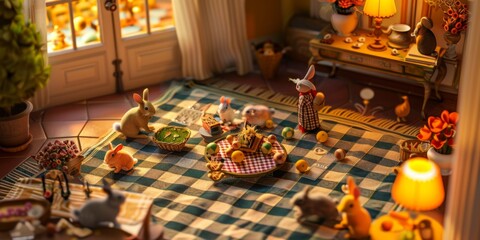 Cozy autumn scene with miniature animals having a tea party on a checkered blanket inside a warmly lit room.