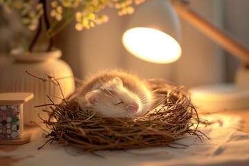 Cozy, serene scene of a small mouse peacefully sleeping in a nest under the warm glow of a lamp, surrounded by a calm, homely environment.