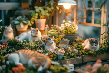 Cozy indoor garden scene with multiple cats lounging among potted plants and flowers under warm light.