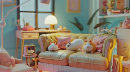 Cozy living room with guinea pigs on a couch. Soft lighting, pastel colors, modern decor. Perfect for pet and home-themed designs.