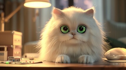 Cute fluffy white cat with large green eyes sitting on a desk near a lamp. Perfect for pet lovers and adorable animal stock images.