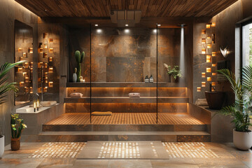 A modern rustic bathroom with copper tiles, a wooden ceiling and floor, a large steam room for relaxation. Created with Ai - Powered by Adobe