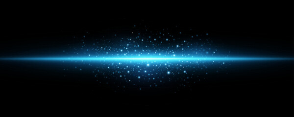 Bright explosion on the horizon into space with flying glowing particles isolated on black background. Blue big beam with sparks. Light effect. Vector illustration. EPS 10. © sersupervector