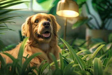 Golden Retriever lounging happily among lush indoor plants with warm lighting.