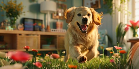 Happy golden retriever running through a vibrant field of flowers indoors, bringing joy and energy...