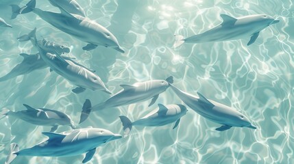 Group of dolphins swimming gracefully in clear blue water, creating mesmerizing patterns with sunlight reflections. A serene marine life moment.