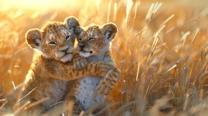 Obraz premium Two adorable lion cubs hugging in a golden grass field, exuding warmth and playfulness under the soft sunlight.