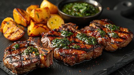 A serving of grilled lamb chops with mint sauce and potatoes.