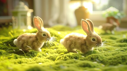 Obraz premium Two adorable rabbits hopping on lush green moss in a sunlit room, creating a warm and inviting atmosphere filled with natural beauty.