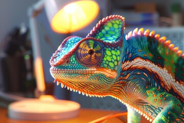Vibrant chameleon basking under a lamp on a cluttered desk, showcasing its colorful, textured skin in detailed close-up.