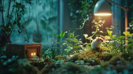 Whimsical scene of mouse under a lamp surrounded by lush greenery in a cozy indoor garden setting, creating a magical forest atmosphere.