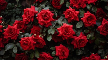 A lush garden filled with vibrant red roses. The blooms are tightly clustered together, creating a stunning display of color and beauty.